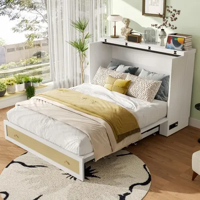A murphy bed is set up in a room with plants and decorative items.