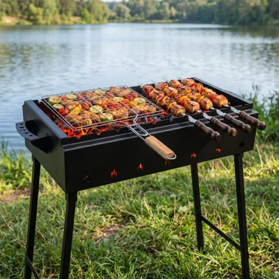 Produktbild von Mangal Stahl 2 mm 80 cm, 12 Spieße, Grillrost Holzgriff, Grillbesteck, Grillfächer, Holzkohlegrill BBQ für Spieße oder Grillrost Schaschlik Shashlychnik Grill