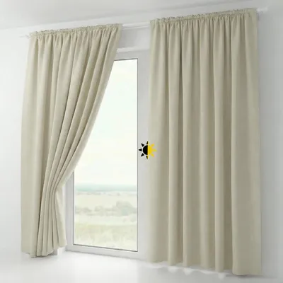 Two cream-colored blackout curtains are shown hanging on a window. One curtain is partially open, revealing a landscape view outside. A small sun icon is overlaid on the right curtain.