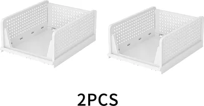 Zdjęcie produktu dla Przechowywanie w szafie – składane pudełka do przechowywania, które można ustawiać jedno na drugim – 2 sztuki – tworzywo sztuczne – do domu, sypialni, kuchni – jasnoszare