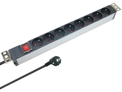 Imagen del producto de Regleta de enchufes para rack de 19", aluminio Waytex, 8 enchufes, con interruptor, sistema de montaje oscilante