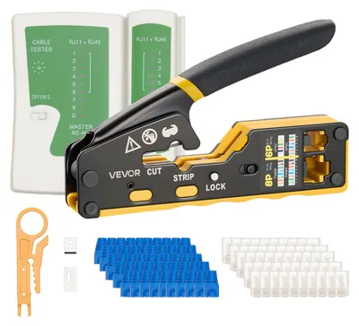 Produktbild von VEVOR Netzwerk Werkzeug Set, RJ45/RJ11/RJ12 Ethernet-Crimpzange-Set für 4/6/8-Polige Modularstecker, mit Mini-Abisolierzange, 50 Steckern & 50 Tüllen, Ersatzklingen & Netzwerkkabeltester