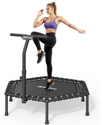 Produktbild von Fitness Trampolin Indoor Ø 122/130 cm, bis 250 kg, verstellbarer T-Griff, 42 Gummiseile, leise, vibrationsarm, Schwarz