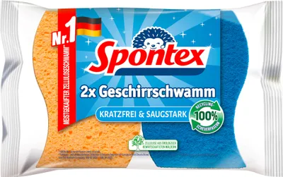 A package of two Spontex dish sponges, one orange and one blue.