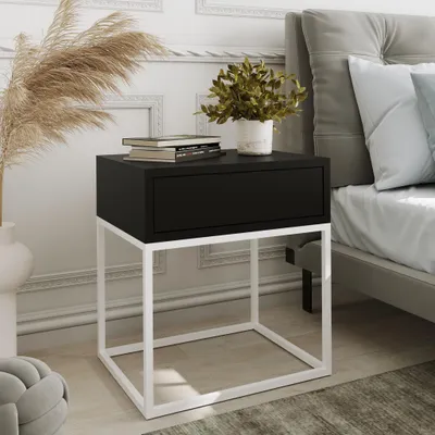 Produktbild von AX LIVING Nachttisch Kommode Aleio in Schwarz mit weißem Metallgestell