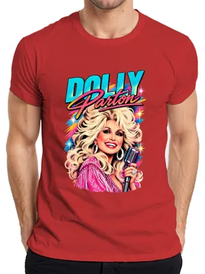 Obrázok produktu pre Tričko s potlačou Dolly Parton, country hudobná legenda, speváčka, retro, ikona z Nashvillu, pánske, červené, veľkosť XXL
