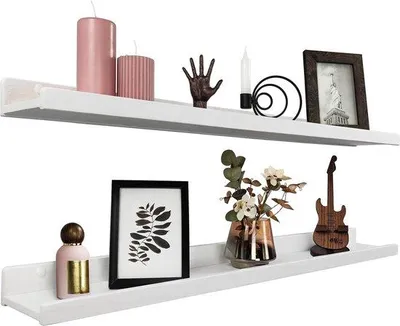 Image de Unyqoos® : Lot de 2 supports pour tableaux en bois de frêne – Étagères murales flottantes en forme de U avec rebord, blanches, 90 cm