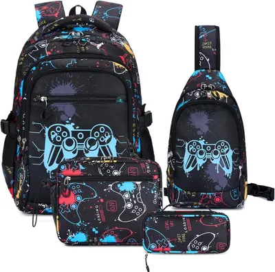 Imagen del producto de Set de mochila escolar para niños, de 4 piezas, color , que incluye un estuche para el almuerzo y un estuche para lápices, ideal para la escuela y el tiempo libre
