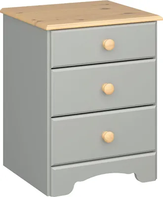 A three-drawer nightstand with a wooden top and gray drawers.