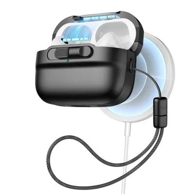 A black protective case for Apple AirPods Pro 1/2 with MagSafe charging capability, shown attached to a white MagSafe charger.