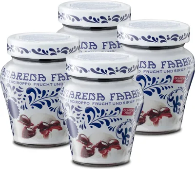 Produktbild von Food-United AMARENA FABBRI 1905 4x230g Amarenakirschen aus Italien halb-kandiert in Sirup - ohne Aroma- Farb- & Konservierungsmittel & Koscher-Halal, geeignet für Amare-Kirschen-Becher-Eis oder für Amarena--Cocktails-Desserts, GVO-Frei Glutenfrei & 1