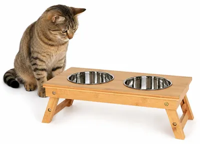 Produktbild von lionto Katzennapfständer aus Bambus, höhenverstellbare Futterstation mit 2 Edelstahlnäpfen, ergonomisch (2×0,7 L)
