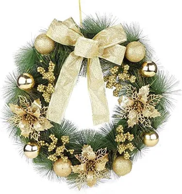 Produktbild von Klassische Weihnachtsgirlande aus Kiefernadeln mit goldenem Band und Bällen, langlebig, für Innen & Außen