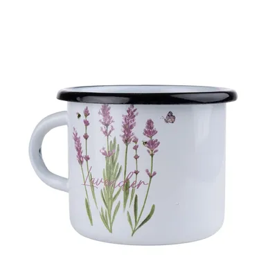 Produktbild von Emaille-Becher 500ml Lavendel-Motiv | Emaille-Tasse Vintage-Stil | Nostalgie Becher für Induktion & Gas | Hochwertiger Emaillebecher von Emalia Rybnik