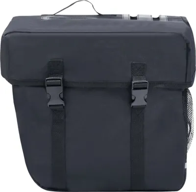 A black bicycle pannier bag is shown against a white background.