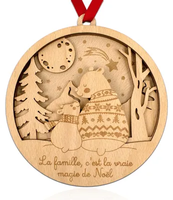 Holz-Weihnachtskugel XL, Bärenfamilie, 15 cm, handgefertigt