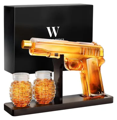 Immagine prodotto di Set regalo per whisky con caraffa e 2 bicchieri a forma di melograno | Caraffa da 300 ml, bicchieri da 70 ml, supporto in legno, confezione regalo