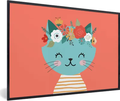 Produktbild von MuchoWow® Gerahmtes Poster Katze - Blumen - Rosa 90x60 cm - Poster mit Schwarzem Bilderrahmen Wandposter Rahmen Foto Bilder - Fotorahmen - Foto-Plakat