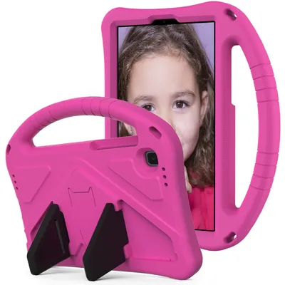 A pink tablet case with a built-in handle and stand, shown with a young girl's face visible on the tablet screen.