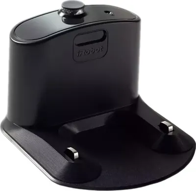 A black iRobot charging station is shown against a white background.