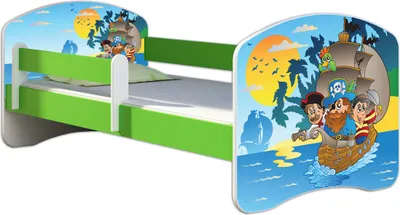 Produktbild von ACMA Jugendbett Kinderbett Junior-Bett Komplett-Set mit Matratze Lattenrost und Rausfallschutz Grün 21 Piraten 160x80