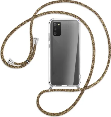 Produktbild von Handykette Backcover-Schutzhülle mit Band (Metall silberfarben) für Samsung Galaxy A02s - braun+beige
