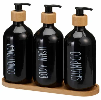 Produktbild von HOWHOMELY | Seifenspender - Spenderflasche Set - schwarz - 3 x 500 ml - Badezimmer Set - mit Tablett - Praktisch