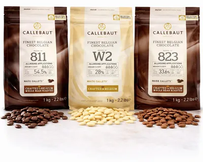 Produktbild von Callebaut 811,823,W2 Kuvertüre Callets Zartbitter-, Milch-, und weiße Schokolade - 3x1000g