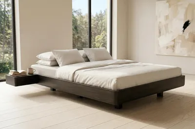 Produktbild von Schwebebett aus massivem Buchenholz Visby LENA FLAT mit Nachttischen, 120x200 cm, Farbe Palisander