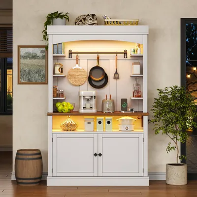 Obrázok produktu pre Vysoká skriňa, 183 cm, s LED osvetlením, zásuvkou, úložný priestor, vitrína, vinárka s háčikmi, vhodná do kuchyne, jedálne, pracovne alebo spálne.