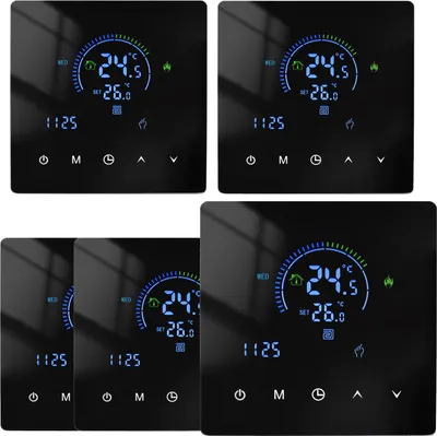 A collage of five digital LCD room thermostats, each displaying temperature and time.