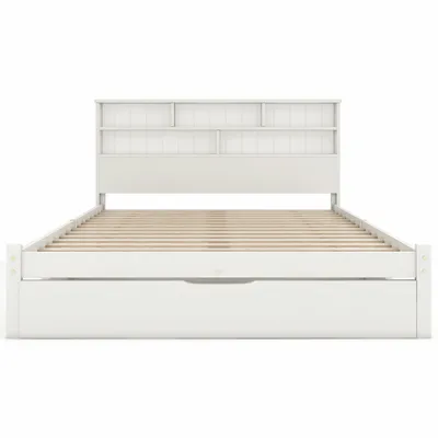 Produktbild von Flieks Massivholzbett Doppelbett 140x200cm Kinderbett mit Schublade und Lattenrost Holzbett mit Bücherregal Kopfteil, weiß ohne Matratze