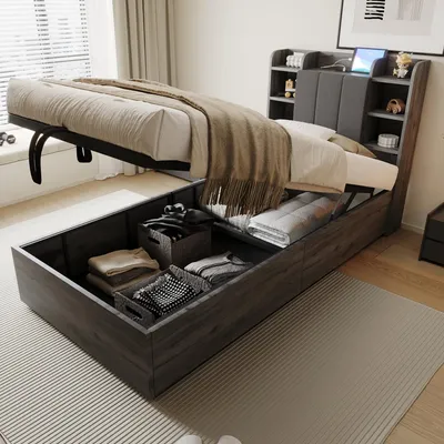 Image de OKWISH Lit Coffre Bois 90x200 cm - Lit Simple en Bois avec Ports USB et Type-C, Tête Fonctionnelle et Rangement Intégré, Sans Matelas - Gris