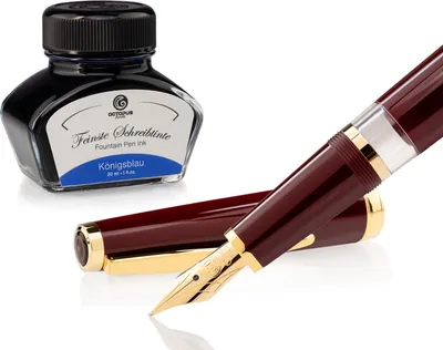 Produktbild von Füllhalter Set Cleo Skribent Classic Gold Bordeaux, Kolben-Füllhalter und 30 ml Tinte Blau