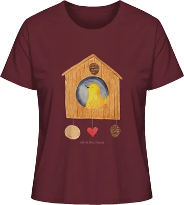 Produktbild von Mr. & Mrs. Panda Oberteil Damen Vogelhaus Home Größe M - Burgundy - Geschenk, T-Shirt Kurzarm, Sommershirt, Sweet, Umzug, Haus, Vogel, Shirt, Lustige Sprüche, Basic