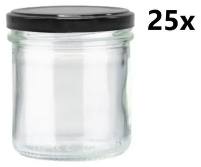 A clear glass jar with a black lid is shown against a white background, with the text '25x' to the right.