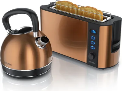 Produktbild von Arendo Frühstücks-Set 2-teilig in Kupferoptik - Edelstahl Wasserkocher & Langschlitztoaster