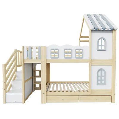 Produktbild von Flieks Etagenbett 90x200cm mit Regal und 2 Schubladen, Kinderbett Hausbett mit Fenster und Rausfallschutz, Hochbett mit Stauraumtreppe, Weiß