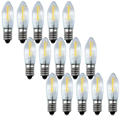 Produktbild von 15 Stück: LED Filament Topkerzen 24V 0,2W E10 – Ersatzkerzen für Schwibbogen & Lichterkette mit 10 Brennstellen, Riffelkerze Spitzkerze Warmweiß Weihnachtsbeleuchtung