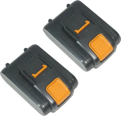 Two black and orange lithium-ion batteries are shown against a white background.