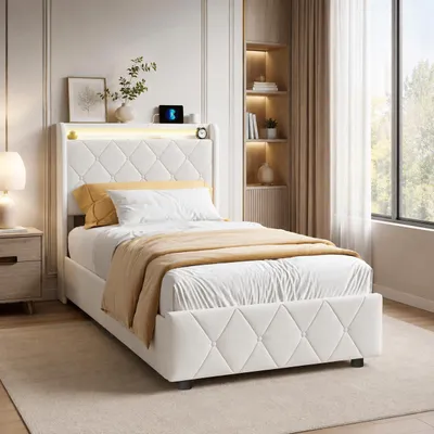 Immagine prodotto di Letto imbottito INONEFT, 90x200 cm, con illuminazione LED e prese USB, letto singolo con 2 cassetti, letto per ragazzi con spazio contenitivo nella testiera, in flanella, color beige, Immagine generata dall'IA