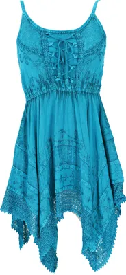 Produktbild von Besticktes Indisches Minikleid Boho Chic, Zick Zack Hippie Tunika, Mittelalterkleid - Türkis, Damen, Viskose, Kleider