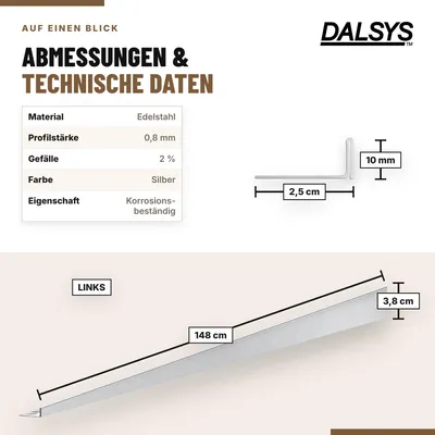 Produktbild von Dalsys Gefällekeil Fliesenschiene 148cm x 10mm links Silber Edelstahl