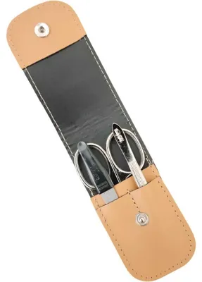 Produktbild von 3-teiliges Solingen Maniküre Set mit Leder Etui, Nagelschere, Feile, Pinzette, Germany Beige