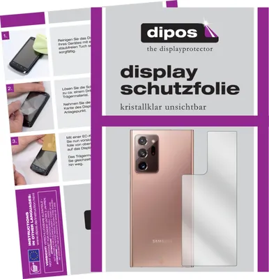 The image shows packaging and instructions for a screen protector, along with a depiction of the product and the phone it is designed for.
