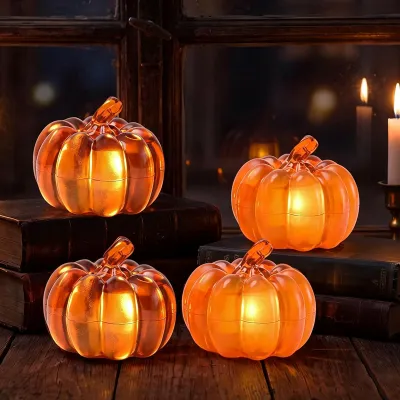 4er-Set Herbst-Deko Kürbis Laternen mit LED-Licht, Halloween