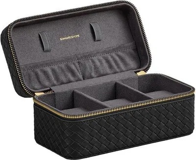 Produktbild von Reise-Uhr-Box mit 3 Uhrenfächern, PolyurethanVerarbeitung, 10 x 20 x 9 cm, schwarz, leigrau