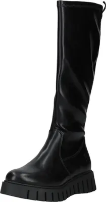 A black knee-high boot with a platform sole is shown against a white background.
