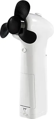 A white handheld fan with black blades, shown against a white background.