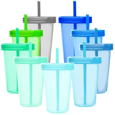 Kunststoffbecher mit Deckel & Strohhalmen, 9 Stück, 500 ml, bunt